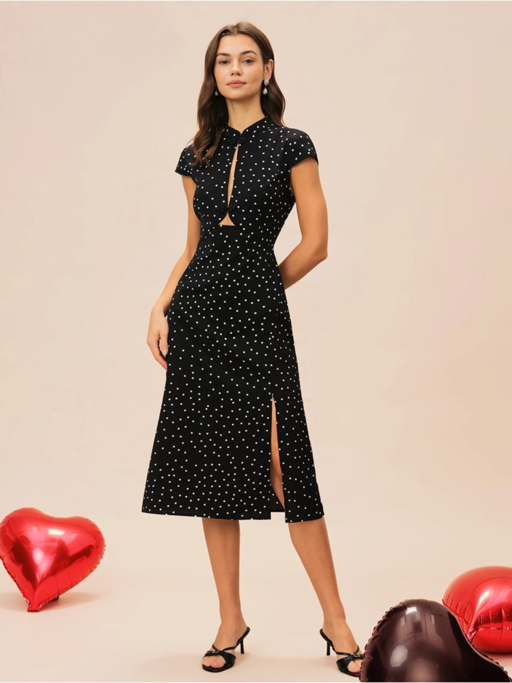 Black Mandarin Collar Polka Dot Midi Dress